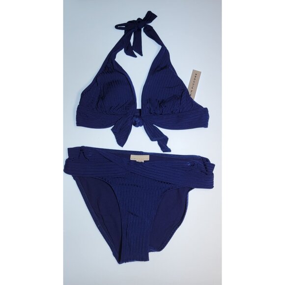 Robin Piccone Bikini Swim Top V-Neck Color Blue Bottom Mid Rise Solid Sz M # 23 - Picture 1 of 9